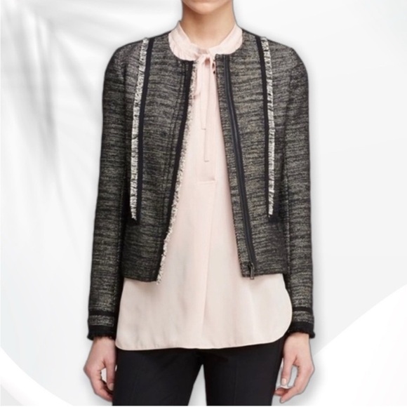 Ladies Vince Fringe and Leather Trim Boucle Jacket, Black and Ivory Size 10 - Picture 1 of 9